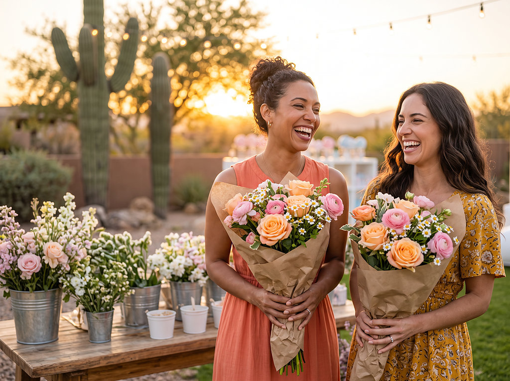 Two friends laughing and holding kraft-wrapped bouquets from the flower bar