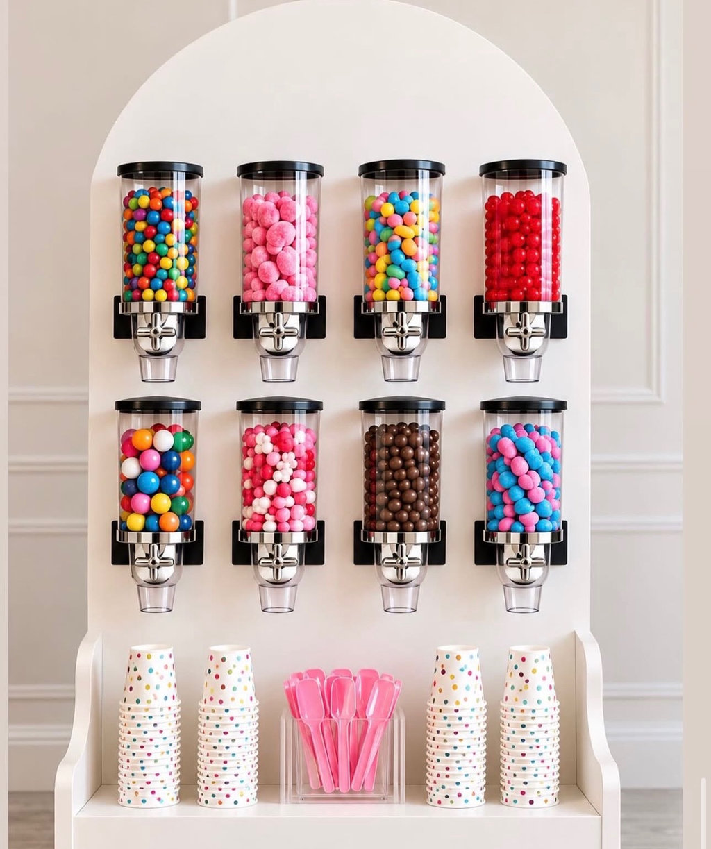 Arched white candy wall with eight clear gravity candy dispensers and polka-dot cups