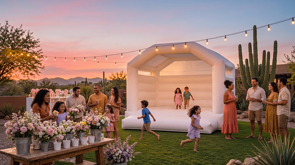 Backyard party at dusk with a white jump house, flower bar, and string lights