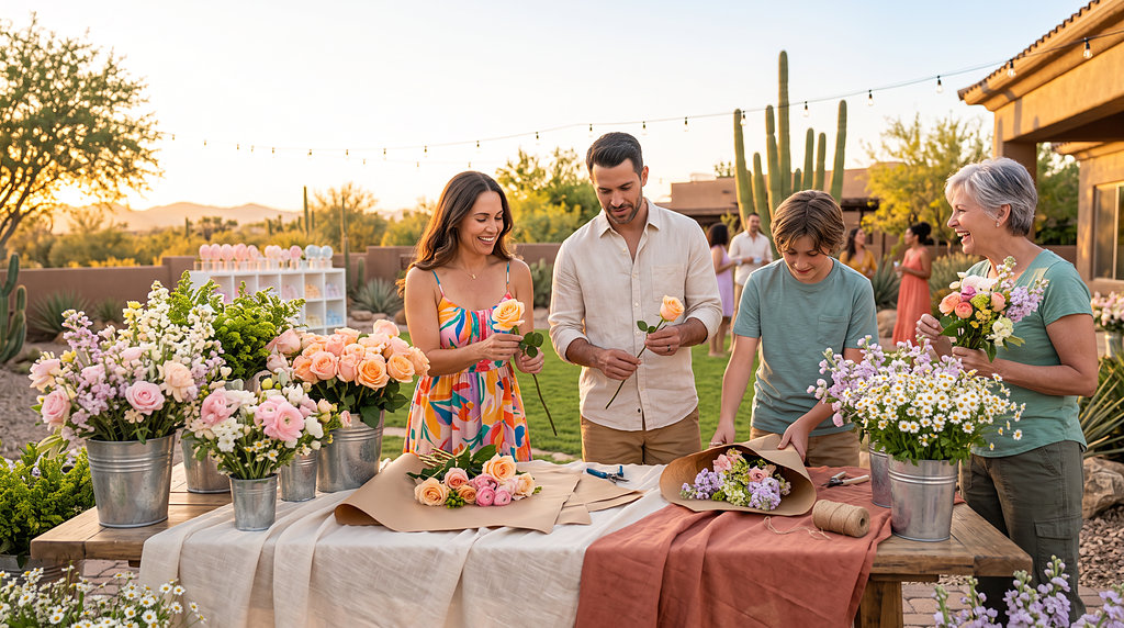 Guests of all ages building bouquets at a flower bar with pastel blooms in galvanized buckets
