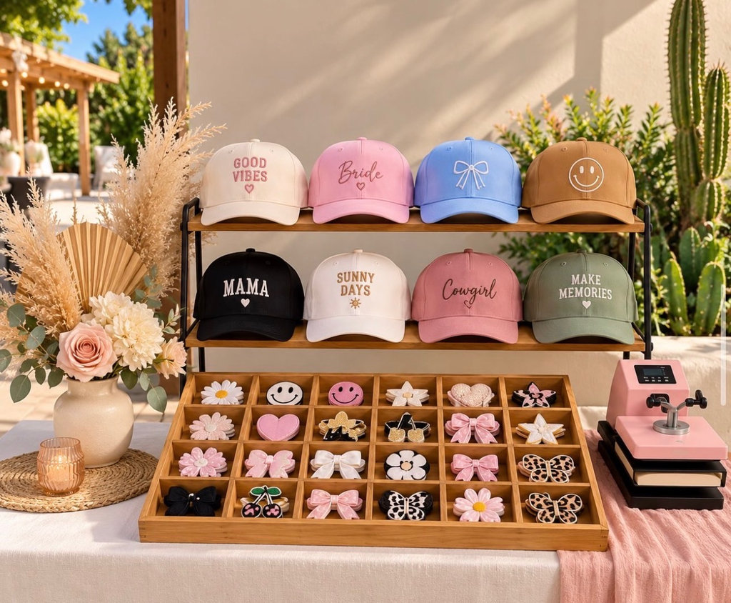Hat bar with trucker hats in assorted colors, a tray of patches, and a pink heat press