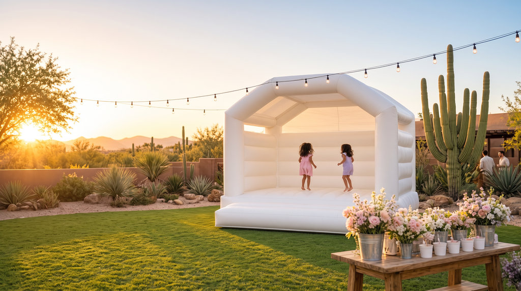 Two girls bouncing in an all-white arched jump house at golden hour in an Arizona backyard with a flower bar and saguaro cactus