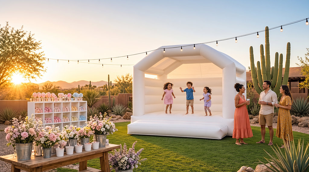 Kids bouncing in an all-white arched jump house at golden hour in an Arizona backyard, parents chatting nearby