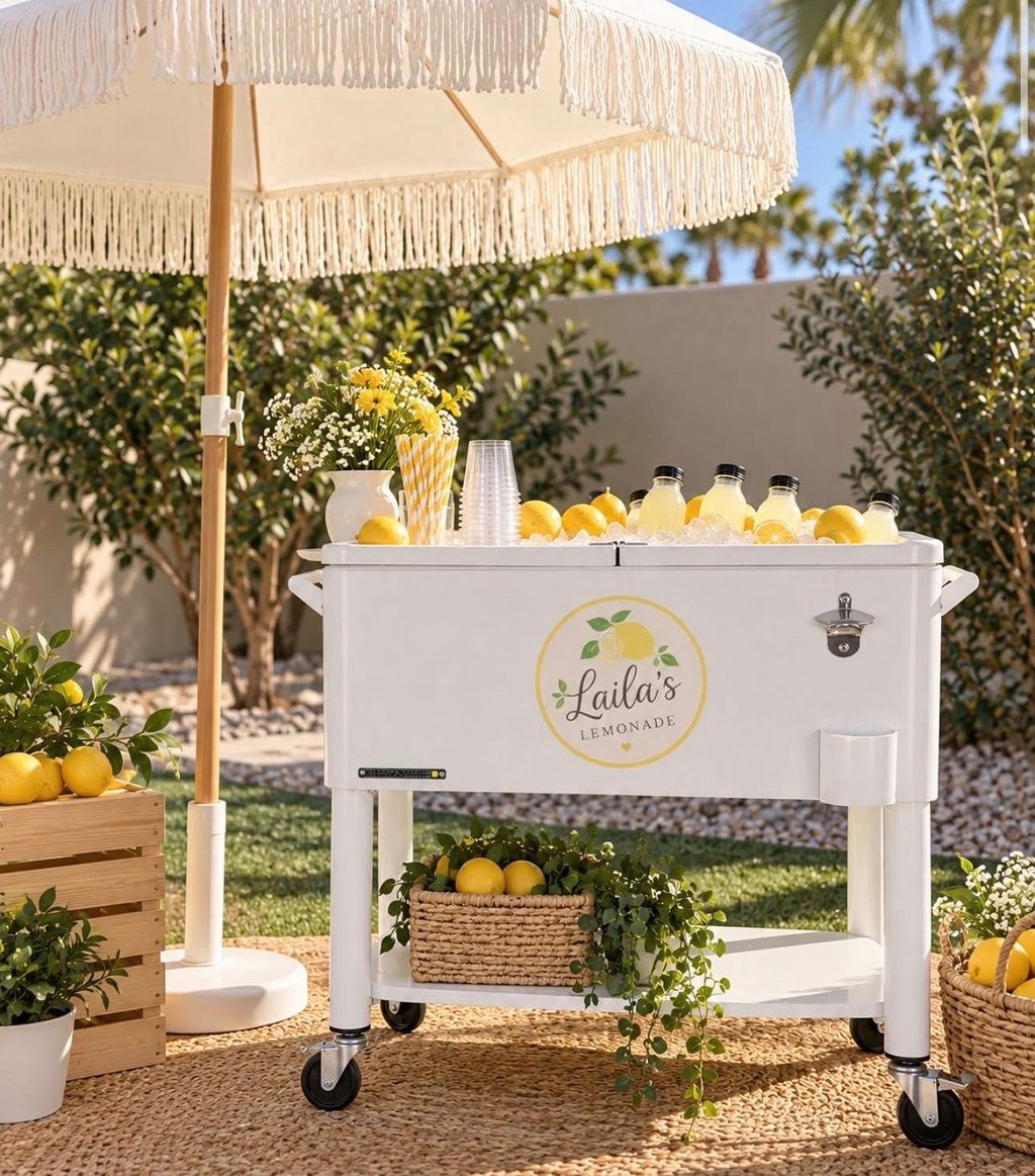 White rolling lemonade cart with a custom name decal, bottled lemonade on ice, lemons, and a fringe umbrella