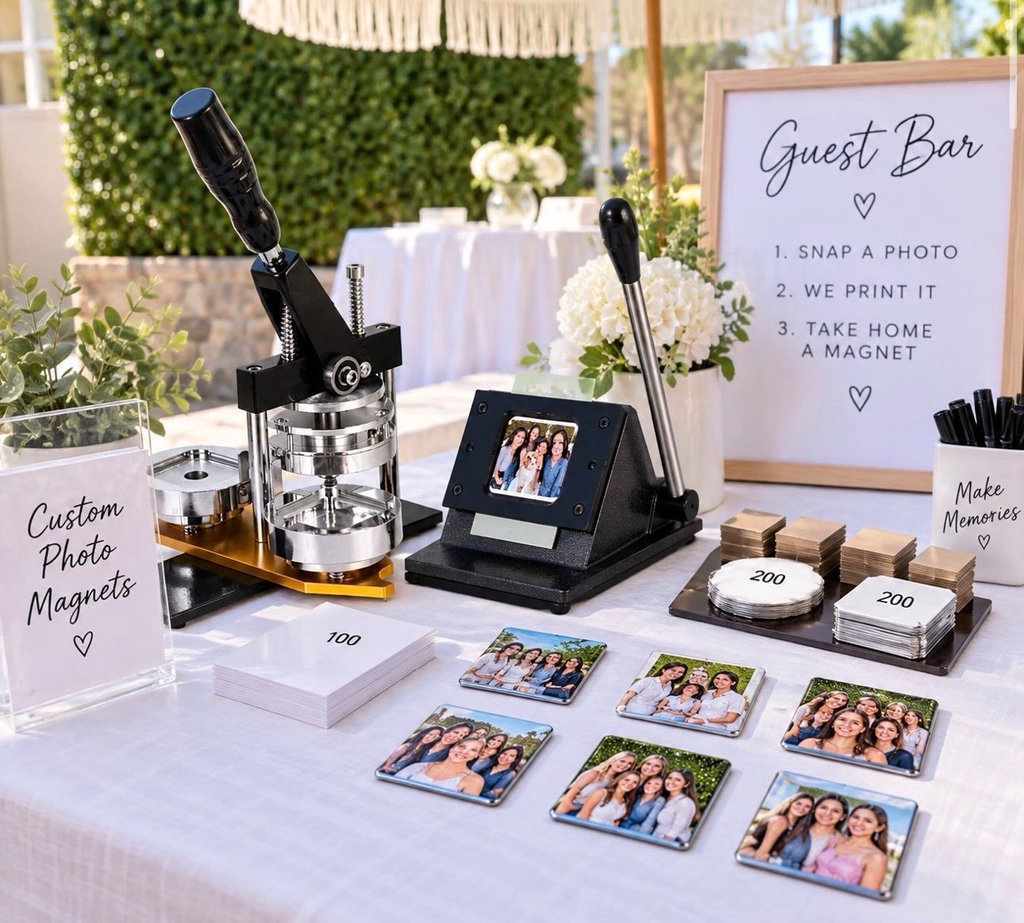 Photo magnet guest bar with a magnet press, printed photo magnets, and a “Guest Bar” sign